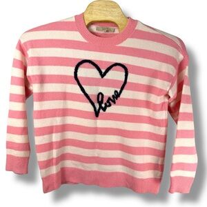 LOFT Pink‎ White Striped Heart Sweater L Cottagecore Capsule Wardrobe Valentine